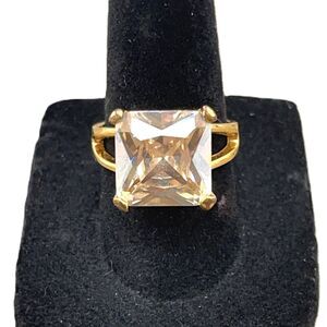Champagne Cubic Zirconia Gold-Finished Ring Square Crystal Ladies Jewelry Sz 7